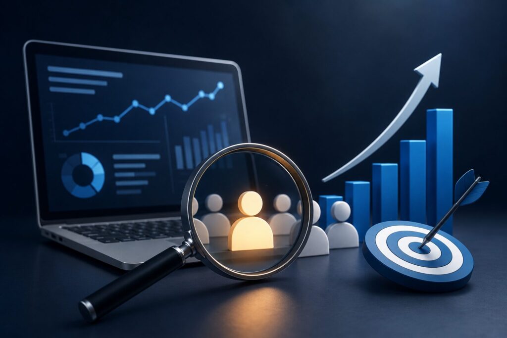 SEO for lead generation illustration showing audience targeting, analytics dashboard, and business growth strategy
