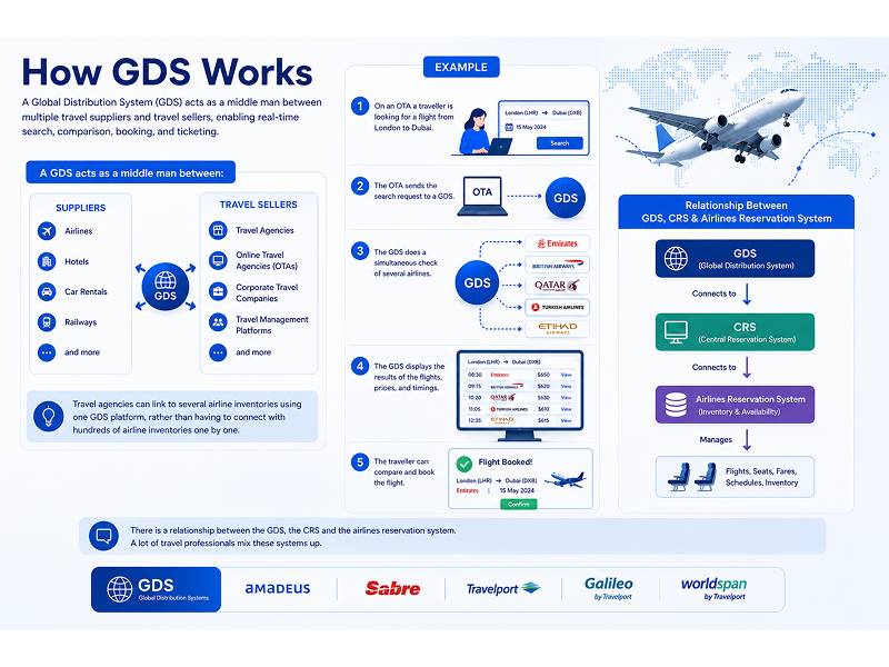 A detailed infographic titled "How GDS Works," explaining the role of a Global Distribution System as a bridge between travel suppliers and sellers, including a step-by-step booking example and a diagram showing the relationship between a Global Distribution System, Central Reservation System, and airline inventory.