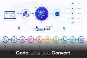 A conceptual infographic illustrating the workflow of a Global Distribution System, showing connectivity between travel suppliers, servers, and airline booking processes.