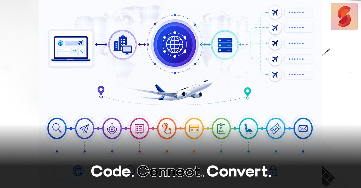 A conceptual infographic illustrating the workflow of a Global Distribution System, showing connectivity between travel suppliers, servers, and airline booking processes.
