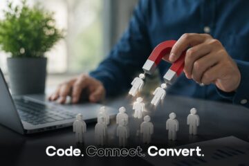 SEO for lead generation concept showing a realistic office workspace with a marketer using a magnet to attract customer icons, representing targeted SEO strategies that convert website traffic into qualified leads.