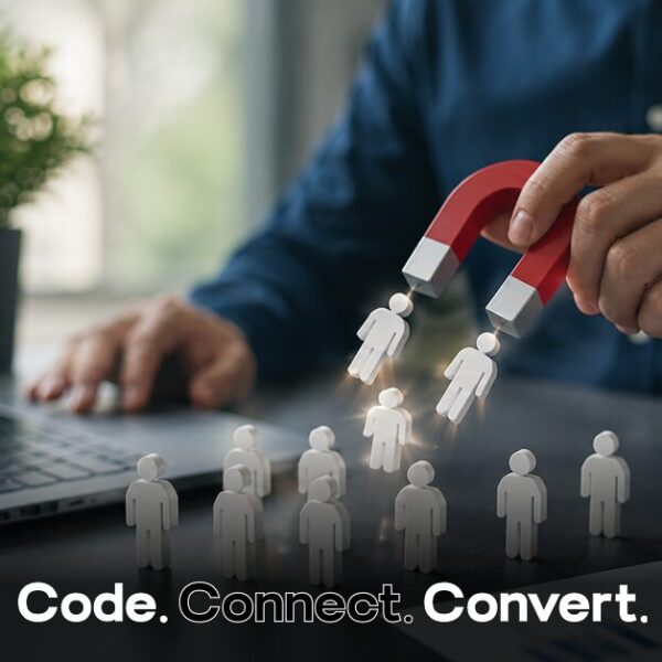 SEO for lead generation concept showing a realistic office workspace with a marketer using a magnet to attract customer icons, representing targeted SEO strategies that convert website traffic into qualified leads.