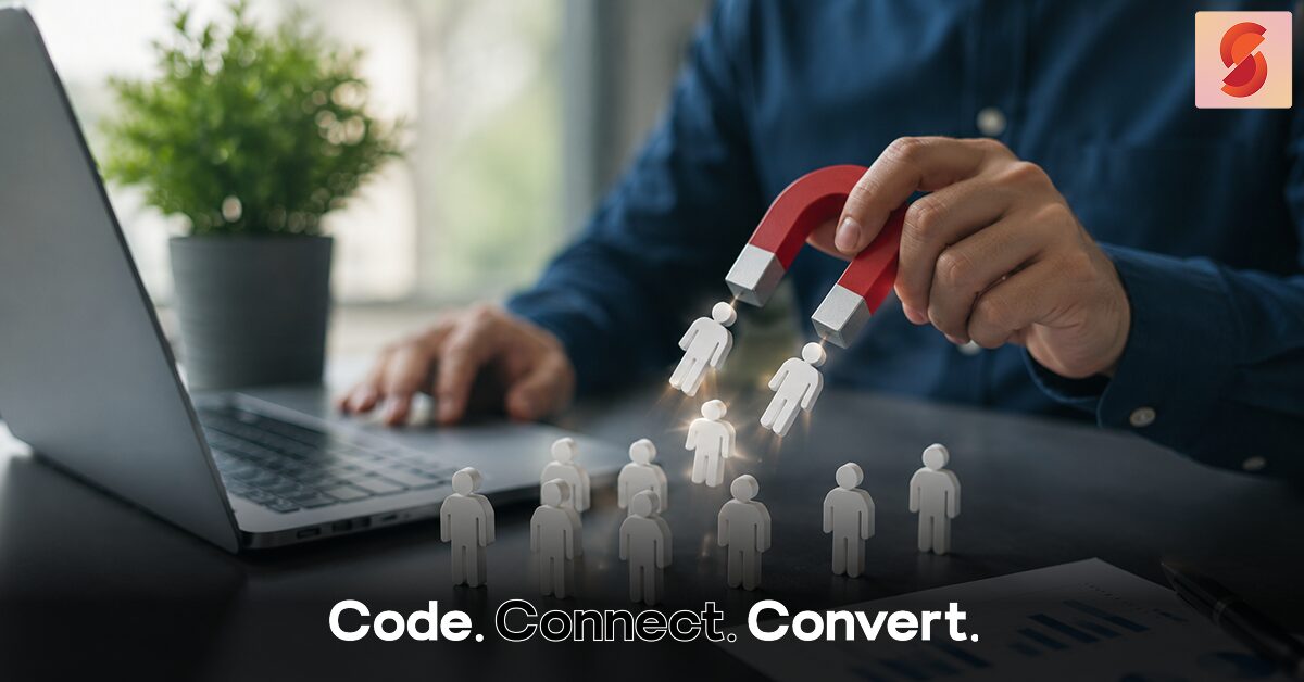 SEO for lead generation concept showing a realistic office workspace with a marketer using a magnet to attract customer icons, representing targeted SEO strategies that convert website traffic into qualified leads.