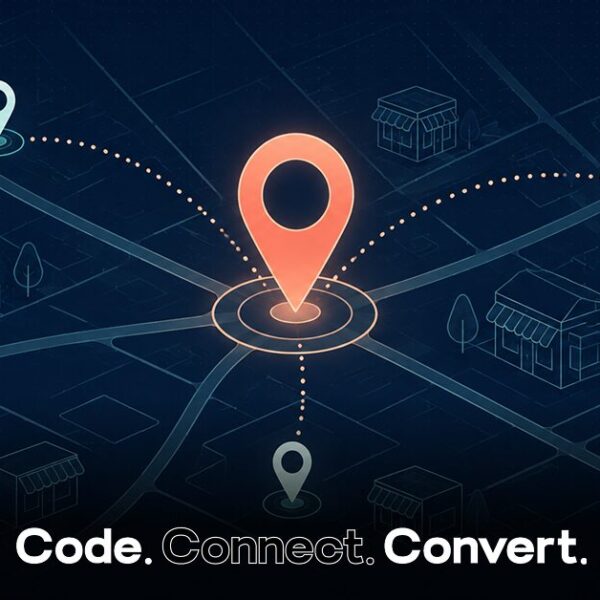Local SEO for small business illustration showing a stylised city map with a central location pin and connecting search paths, representing how customers find nearby businesses in Google local search.