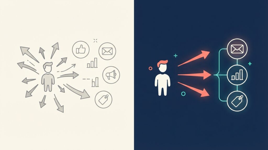 Digital marketing strategy for small businesses illustration contrasting scattered multi-channel spending with a focused two-to-three channel approach.