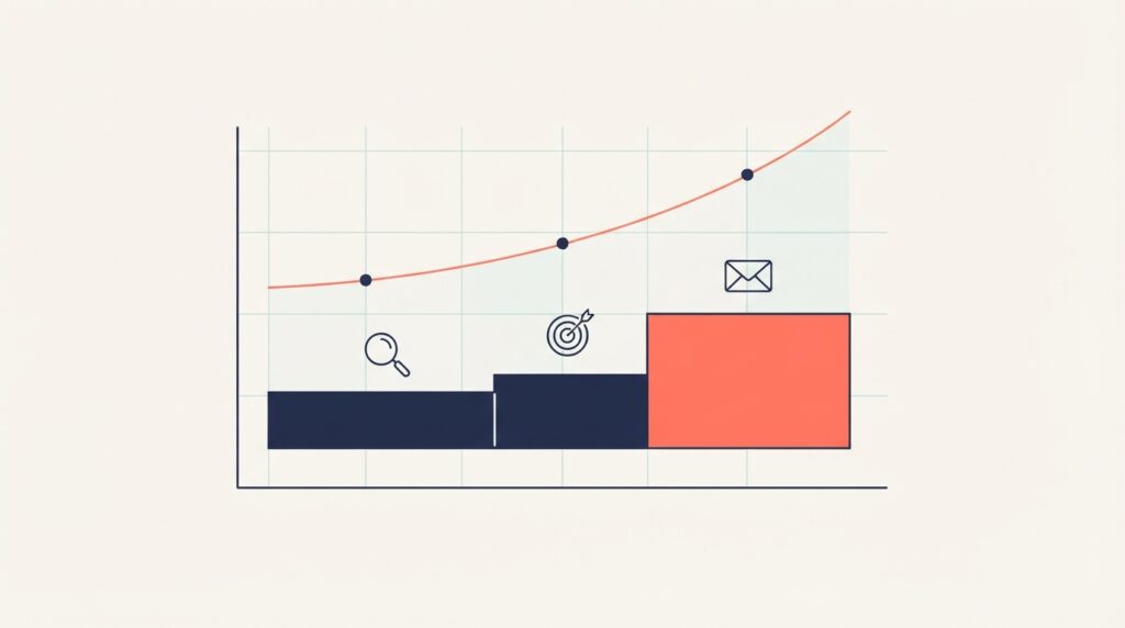 Digital marketing strategy for small businesses illustration showing budget allocation across SEO, paid ads, and email channels with a compounding growth curve over time.